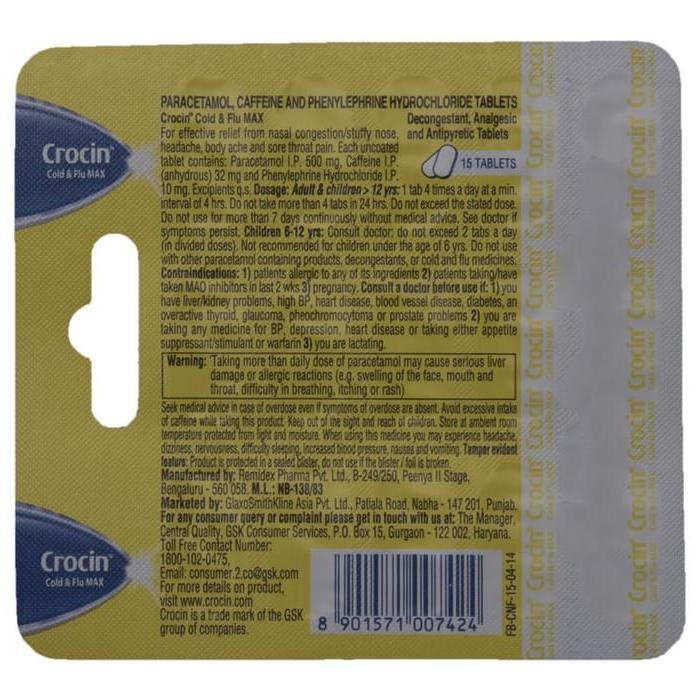 Crocin Cold N Flu Max 542 Mg Tablet 15 5